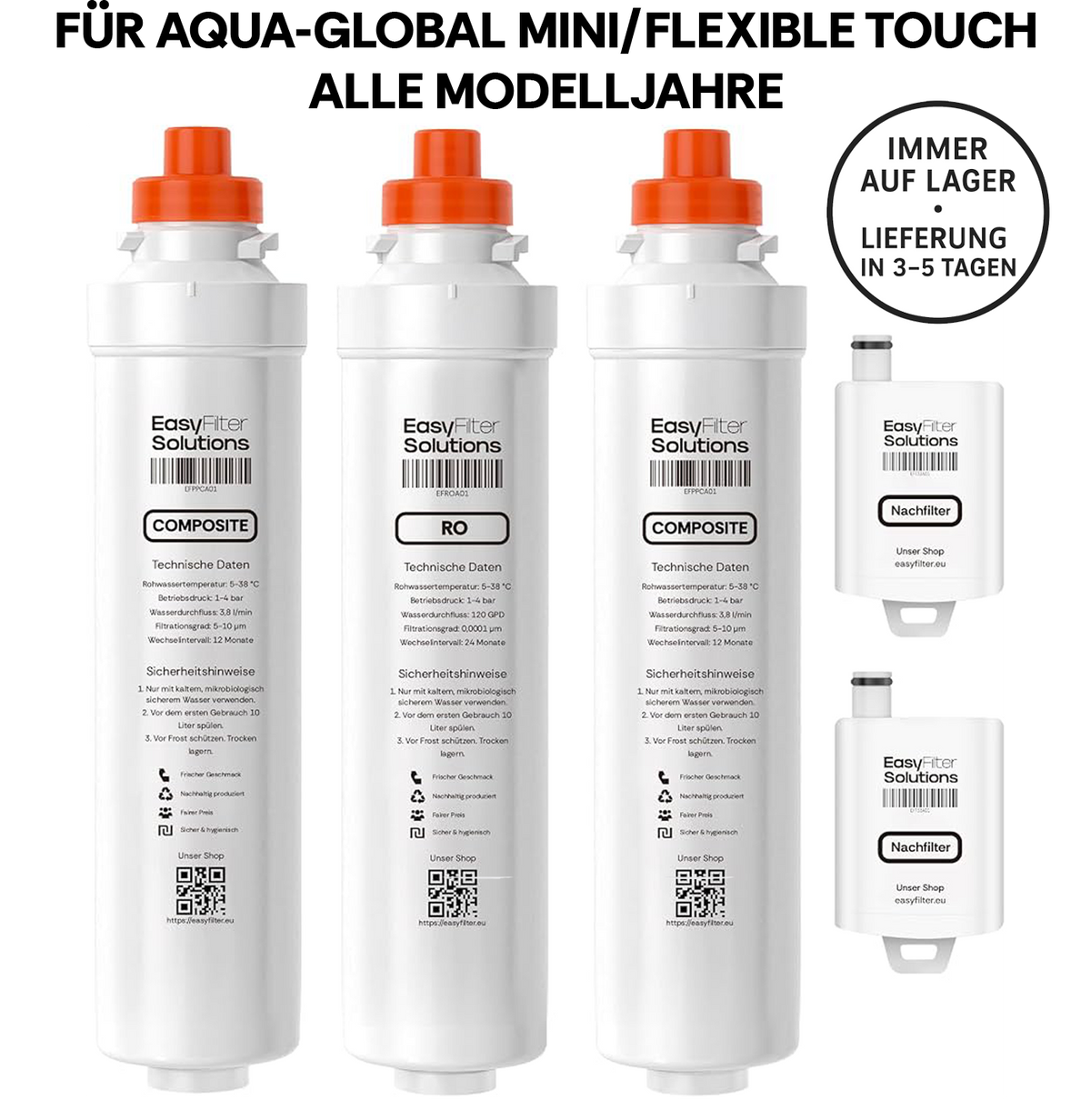 EasyFilter Filtersatz 2x Composite + RO + 2x Hygienenachfilter für Aqua-Global Mini Touch/Flexible Touch (Alle Modelljahre)