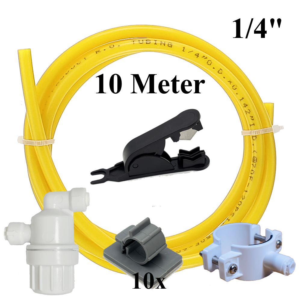 1/4" 10m Schlauch gelb + Schneider+ Vorfilter+Schelle+ 10 Klemmen Set für Umkehrosmose