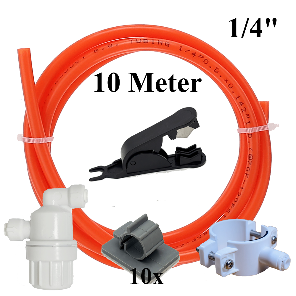 1/4" 10m Schlauch rot + Schneider+ Vorfilter+Schelle+ 10 Klemmen Set für Umkehrosmose